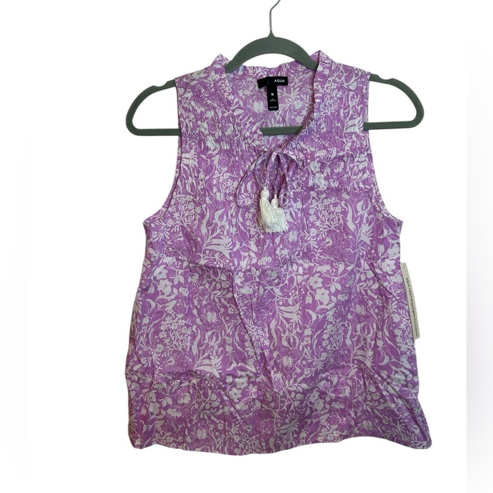 Nwt Aqua Lilac Purple Floral Smocked Tassel Sleeveless Top